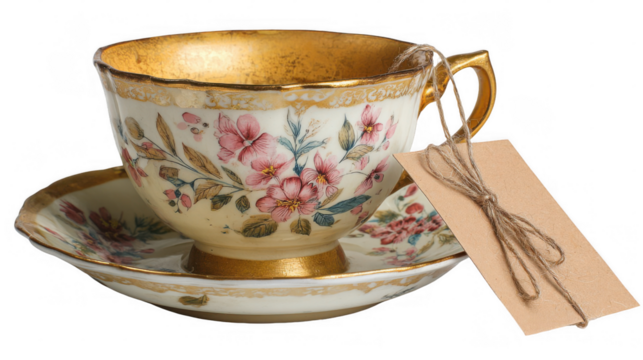 Vintage teacup with floral decorations and gold accents sits gracefully on its matching saucer, accompanied by a small, tied label, all set against a transparent background - Powered by Adobe