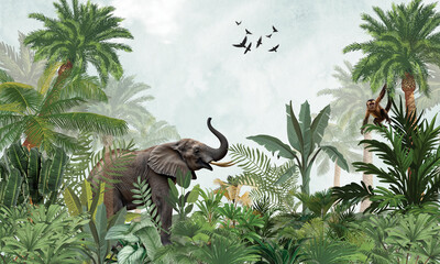 Minimalist Wildlife Mural: Gentle Elephant in Soft Green Tropical Forest © csinie1