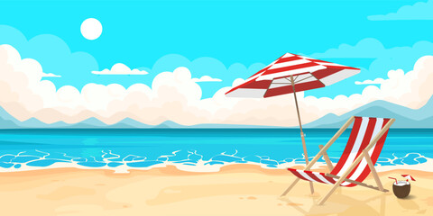 Cartoon beach scene with umbrella, chair and cocktail against sea background.