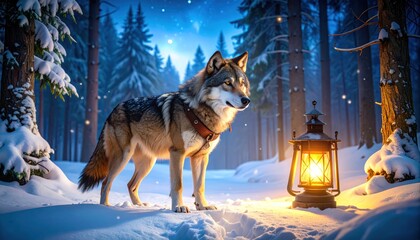 Wolf in snowy forest illuminated by a warm lantern's glow at night