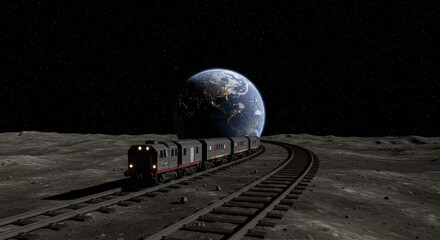 3D Moon Train Journey Across Lunar Surface with Earth in Space