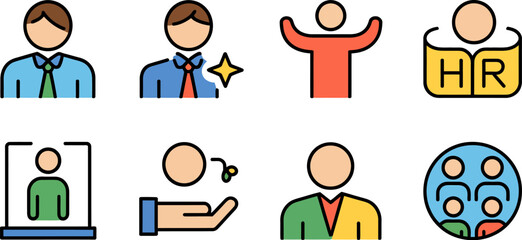 Hr management human resources team recruitment employment job search career vector icon set design concept editable stock vector illustration