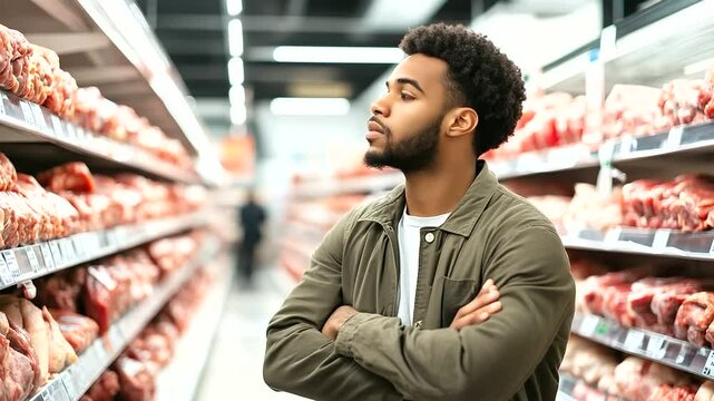 Man stands before wide meat section wall in supermarket, deep in thought comparing prices, clean shelving filled with red meats and poultry