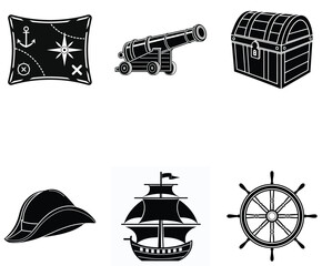 Black Silhouette Set of Pirate Adventure and Treasure Items