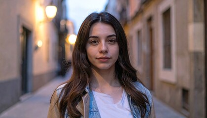 Woman with wavy brown hair stands in a narrow street at dusk