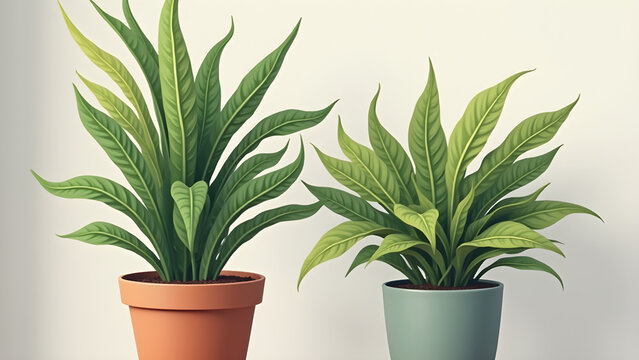 Two potted plants sit on a table next to a wall