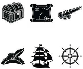 Minimalist Pirate Icons with Treasure, Ships, and Maps