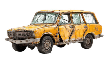 Showing a rusty, damaged yellow station wagon with broken windows, highlighting decay, abandonment, and the passage of time, isolated on a transparent background for easy integration into projects