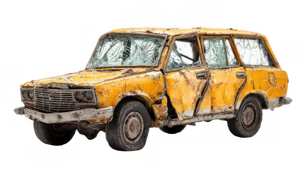 Showing a rusty, damaged yellow station wagon with broken windows, highlighting decay, abandonment, and the passage of time, isolated on a transparent background for easy integration into projects