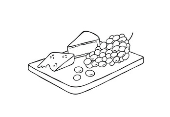 Wooden cutting board with two different types of cheese and grapes. Hand drawn vector black and white illustration.