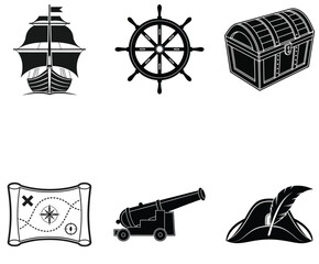 Black Silhouette Icons of Pirate and Sea Adventure Elements