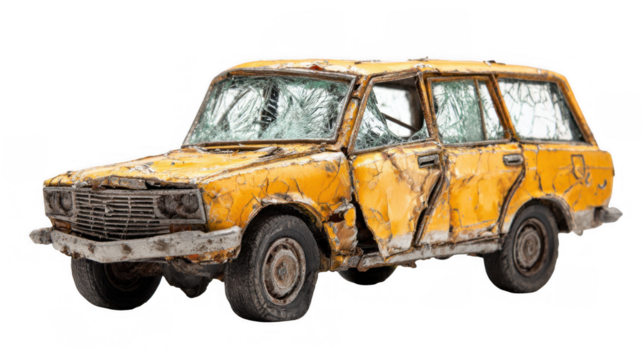 Showing a rusty, damaged yellow station wagon with broken windows, highlighting decay, abandonment, and the passage of time, isolated on a transparent background for easy integration into projects