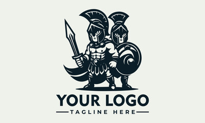 Ancient Roman warrior holding spear and shield in traditional battle armor and crested helmet in monochrome vector style. History concept
