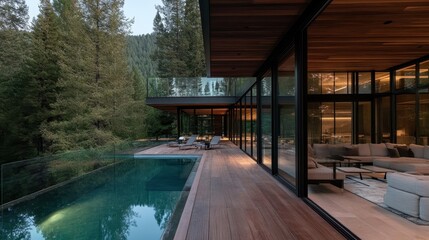 A stunning modern house blends harmoniously with the serene natural surroundings, featuring large glass windows and a tranquil pool, showcasing contemporary architecture.