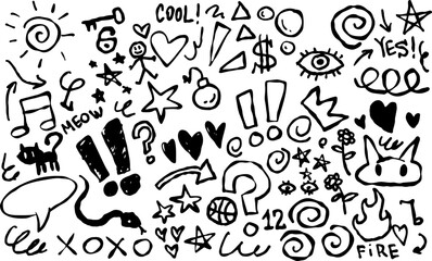 Doodle hand drawn illustration with music notes, stars, hearts and fun symbols. Great for design, patterns or stickers.