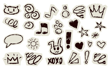 Scrapbook doodle set. Collection of sketch handdrawn scribble heart, star, mark, sign for journal. Chalk or ink craft paper cutout for scrapbook dairy