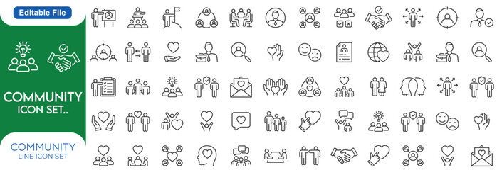 Community line editable icon set. Containing people, friendship, social, diversity, village, relationships, support and Line icon set..