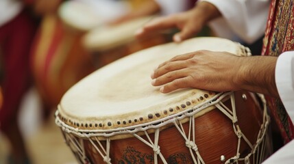 Hands playing the wooden drum during a cultural performance