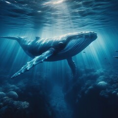 Majestic humpback whale swimming underwater with sunbeams piercing through deep blue ocean waters creating ethereal marine scene