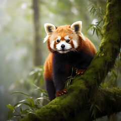 Red Panda Climbing Mossy Tree in Misty Bamboo Forest