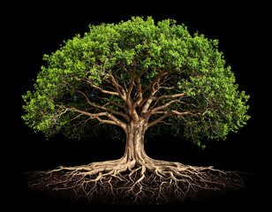 Un árbol grande y fuerte con ramas y hojas verdes, con grandes raíces aislado en fondo negro.