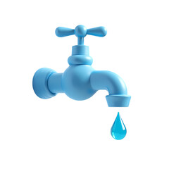 A light blue faucet with a single water droplet isolated on transparent background