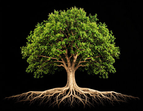 Un árbol grande y fuerte con ramas y hojas verdes, con grandes raíces sostenibilidad estabilidad y liderazgo responsable para marcas comprometidas con el medio ambiente 