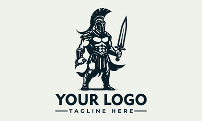 Ancient Roman warrior holding spear and shield in traditional battle armor and crested helmet in monochrome vector style. History concept
