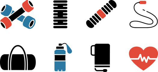 Fitness equipment workout gear gym essentials dumbbells jump rope heart rate monitor water bottle bag editable stock vector illustration