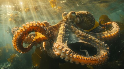 Fototapeta premium A stunning octopus gracefully moves through a kelp forest, showcasing its vibrant colors and unique texture, creating a mesmerizing underwater scene filled with life.