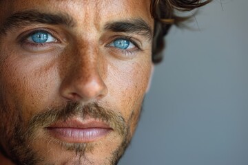 Obraz premium An intense, emotive close-up portrait of a rugged man with striking blue eyes, capturing raw emotion and masculinity in a timeless and captivating manner.