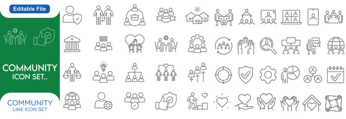 Community Line editable stroke outline web icons set. Community, social, friendship, people, village, relationships, diversity, support and development. Vector line icon set..