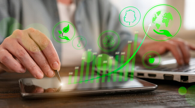 Digital analysis of green technology trends in sustainability and environmental impact on a tablet device