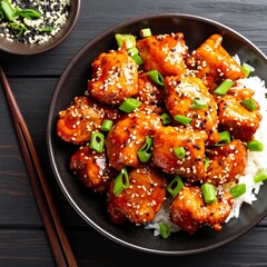 Sweet and spicy general tso?s chicken in a bowl perfect for a delicious dinner experience