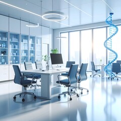 Modern office interior featuring a spiral staircase against a bright and open workspace