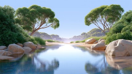 Misty river scene with sunlight filtering through trees natural landscape serene environment calm viewpoint