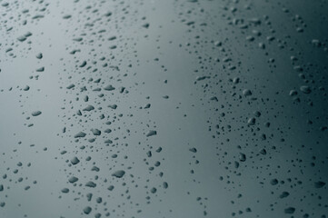 Raindrops on the hood of a car