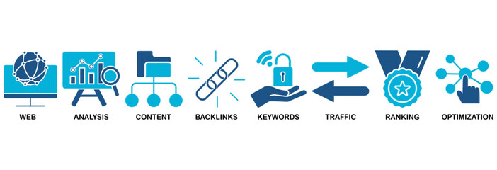 SEO icon set vector illustration concept for search engine optimization with icon of website, analysis, content, backlinks, keywords, traffic, ranking, and optimization