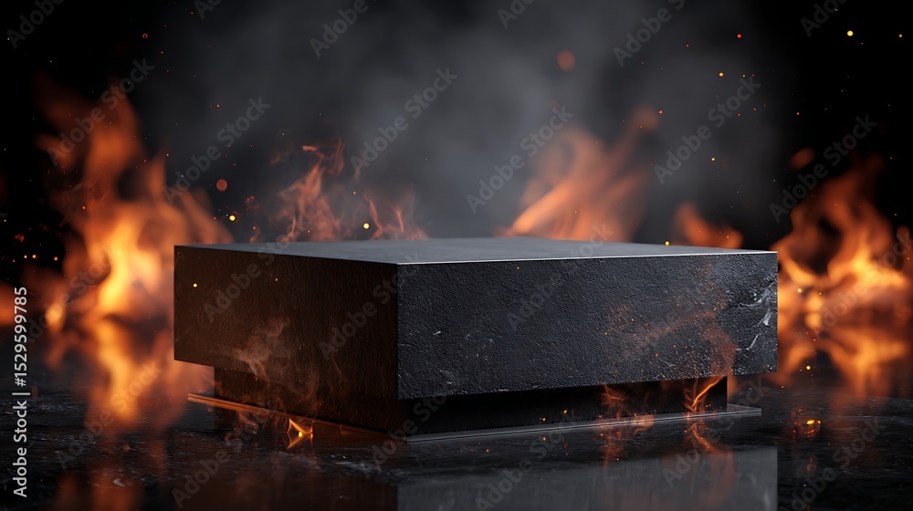 Poster table top stone or stand product display with fire flames in dark background