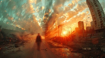 Fototapeta premium This surreal image presents a misty street at sunset, enveloped in ethereal light and shadows, evoking a sense of mystery and the intersection of nature and urban life.