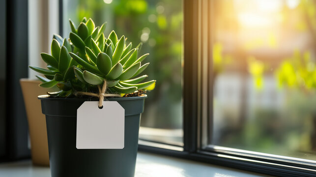 A blank white paper brand tag tied to a green potted succulent, sitting on a windowsill with natural daylight illuminating the scene.