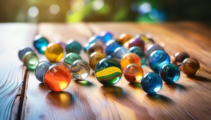 colorful marble balls scattered on a wooden table vibrant hues
