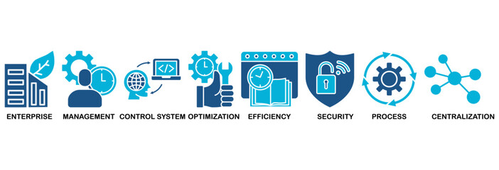 Industrial control system icon set vector illustration concept with icon of enterprise, management, control system, optimization, efficiency, security, process, centralization