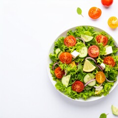 Colorful gobo salad with fresh tomatoes and cucumbers served on a white plate for lunch