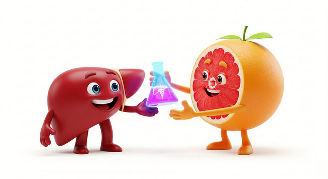 A vibrant grapefruit half-character happily exchanging a glowing flask with a smiling human liver, illustrating the detoxifying and health-supporting properties of grapefruit for liver function 