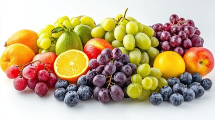 Assorted ripe fruits elegantly arranged on a white backdrop