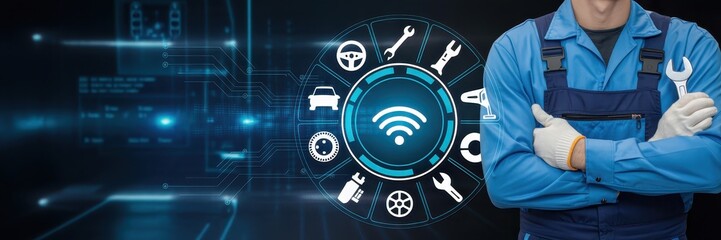 A mechanic in uniform with digital automotive maintenance icons.