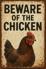 Beware of the Chicken Sign – Vintage Farm Animal Warning Poster with Brown Hen