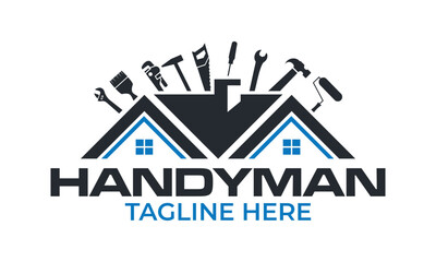 Handyman logo. Worker with equipment servicing badges screwdriver hand contractor man vector template illustration