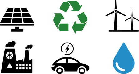 Eco friendly energy sources solar panel wind turbine recycle electric car water factory icon set vector editable stock vector illustration